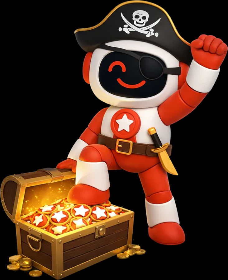 The Badge robot: a red-and-white pirate robot with an eye patch and a pirate hat, one foot on an open treasure chest of star badges.