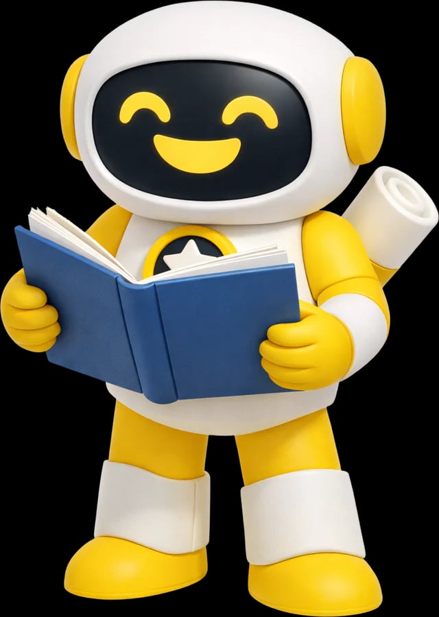 The Competency robot: a yellow-and-white robot reading an open blue book, a rolled certificate behind it.