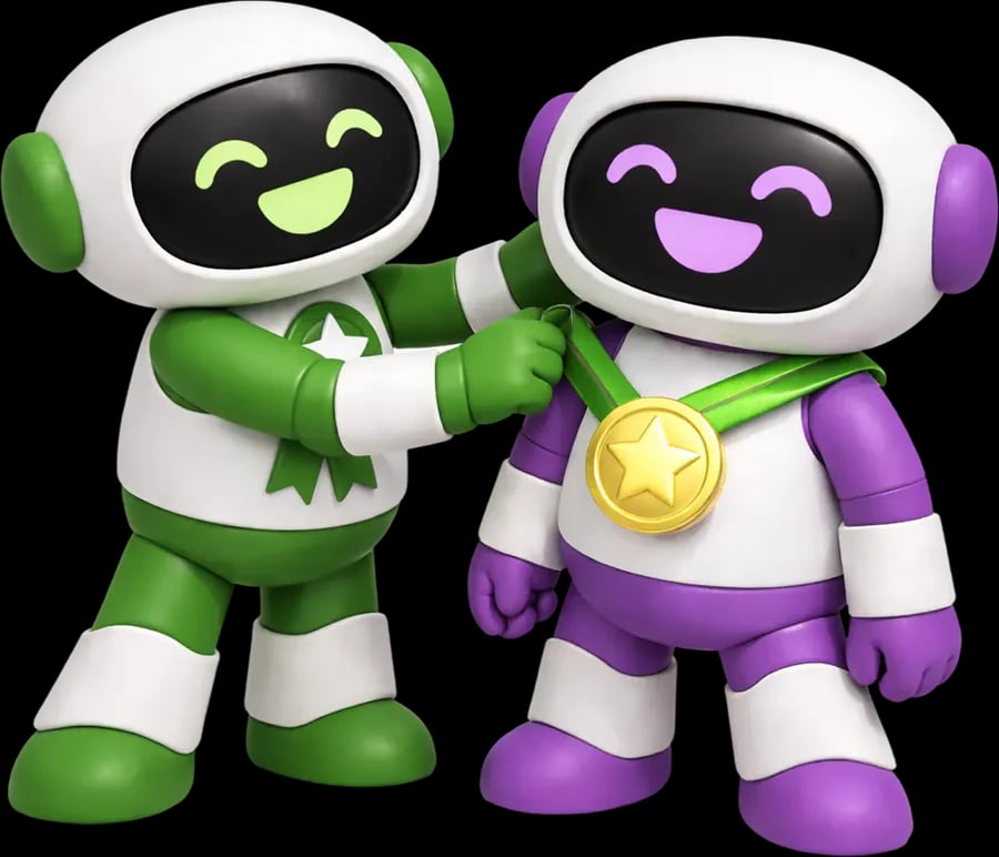 The Recognition robot: a green robot hanging a gold star medal around a smiling purple robot’s neck.