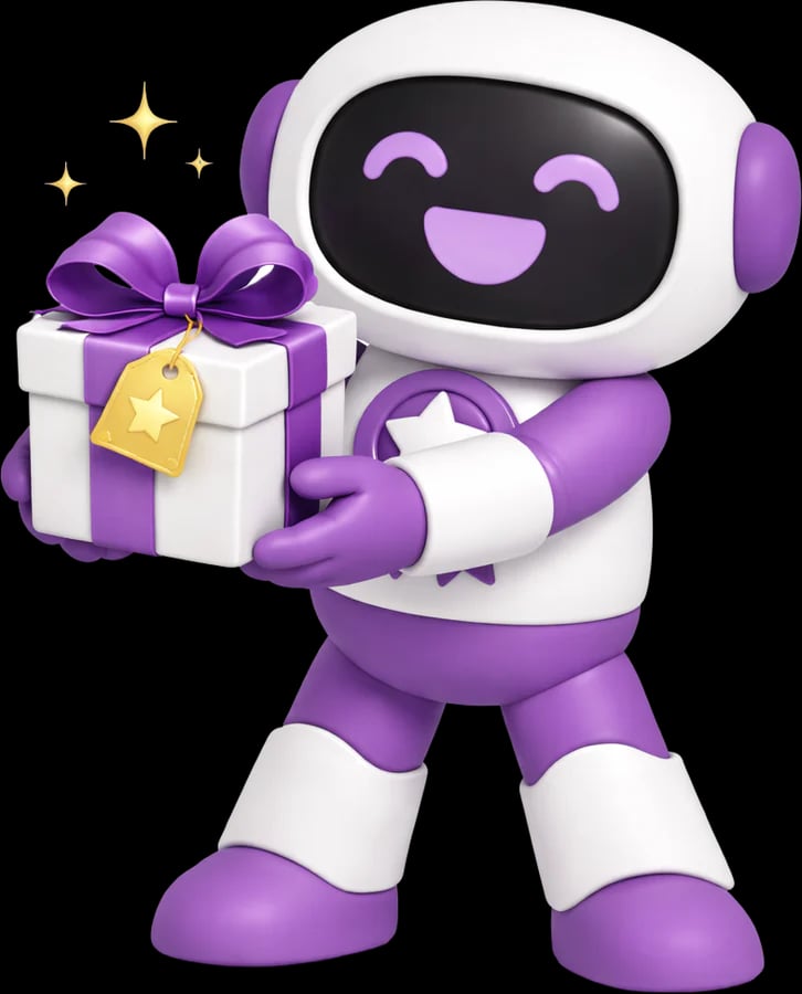 The Reward robot: a purple-and-white robot carrying a gift box with a gold star tag.