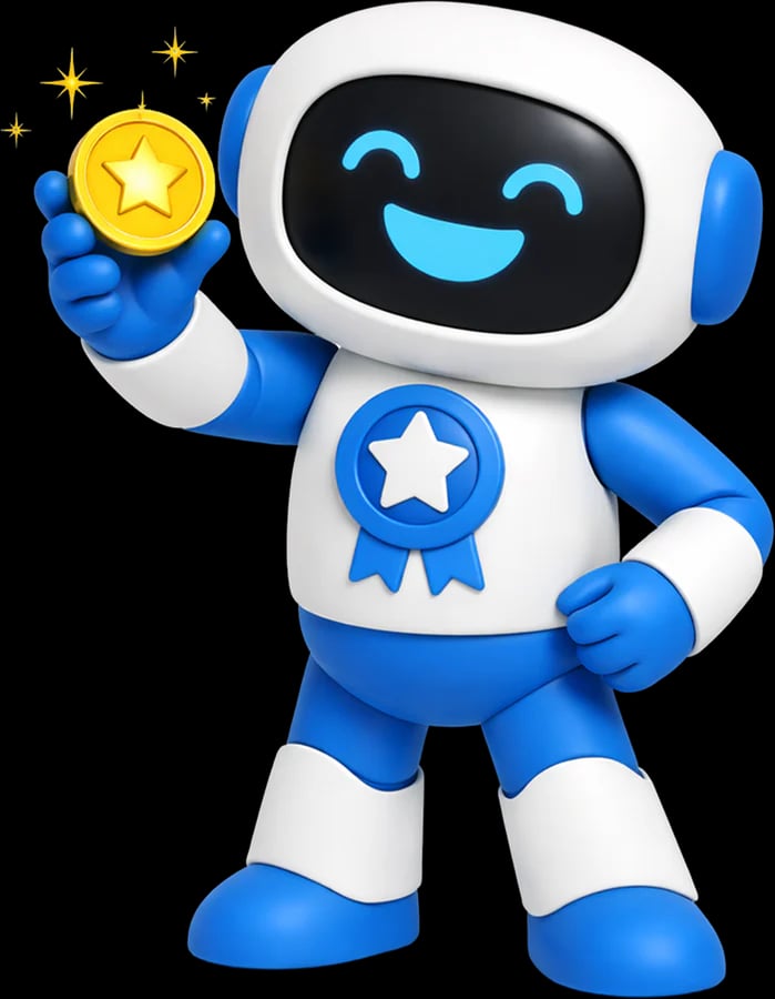 The Task robot: a blue-and-white robot with a smiling visor, holding up a gold star coin, a ribbon badge on its chest.