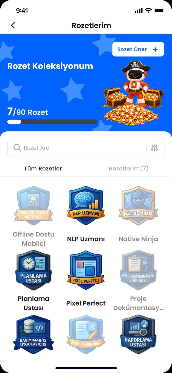 Badge collection: a pirate robot among treasure chests above a 7 of 90 progress bar and a Suggest a badge button; badge search; All badges / My badges tabs; and a grid of badges — earned ones in full colour, locked ones faded.