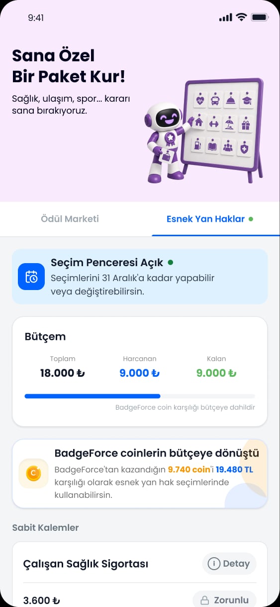Flexible benefits: a robot mascot pointing at a board of benefit icons, an open selection window, the benefits budget (total, spent, remaining), BadgeForce coins converted into budget, and fixed items such as health insurance.