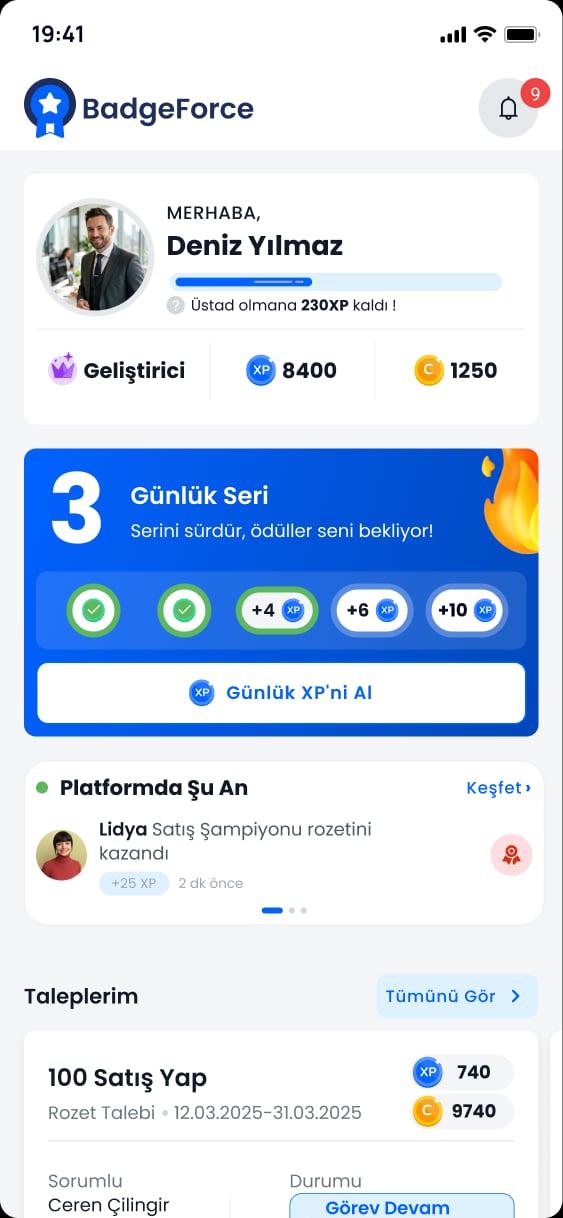 BadgeForce home: greeting with level progress, XP and coin balances, a 3-day streak card with a daily XP reward, a live feed of badges just earned on the platform, and the user’s requests.