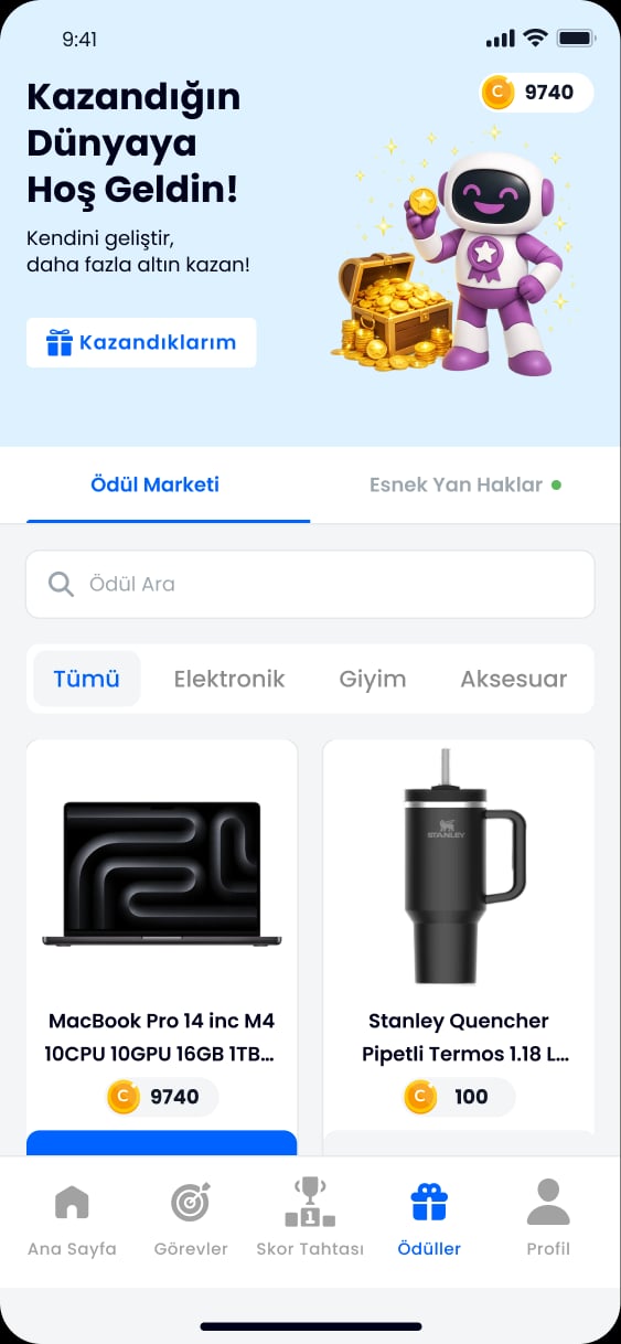 Reward market: a robot mascot beside a treasure chest of coins, the coin balance, reward search and categories, and rewards priced in coins — a MacBook Pro and a Stanley tumbler.