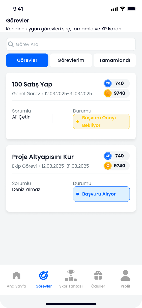 Tasks screen: search, Tasks / My tasks / Completed tabs, and task cards showing type, dates, XP and coin rewards, the owner and application status.