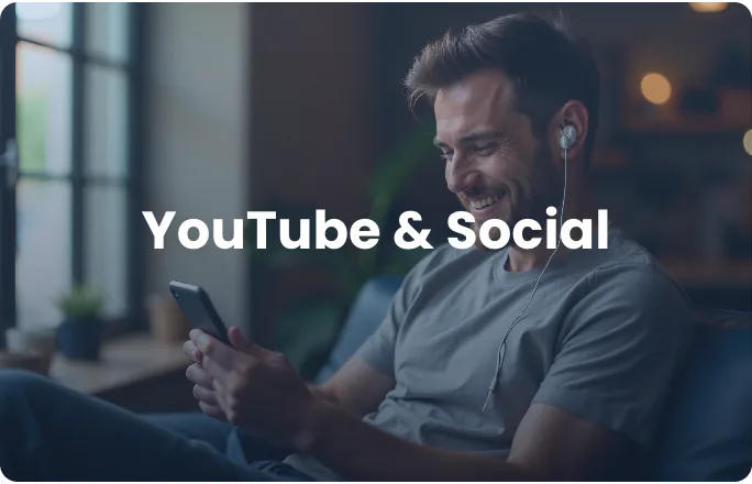 Old service category card “YouTube & Social” over a stock photograph.