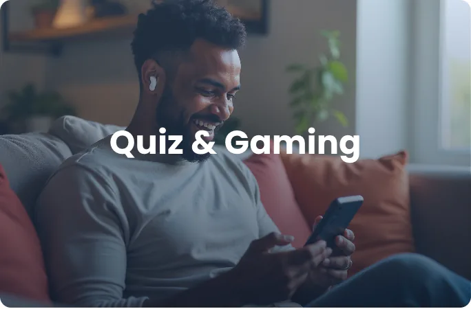 Old service category card “Quiz & Gaming” over a stock photograph.