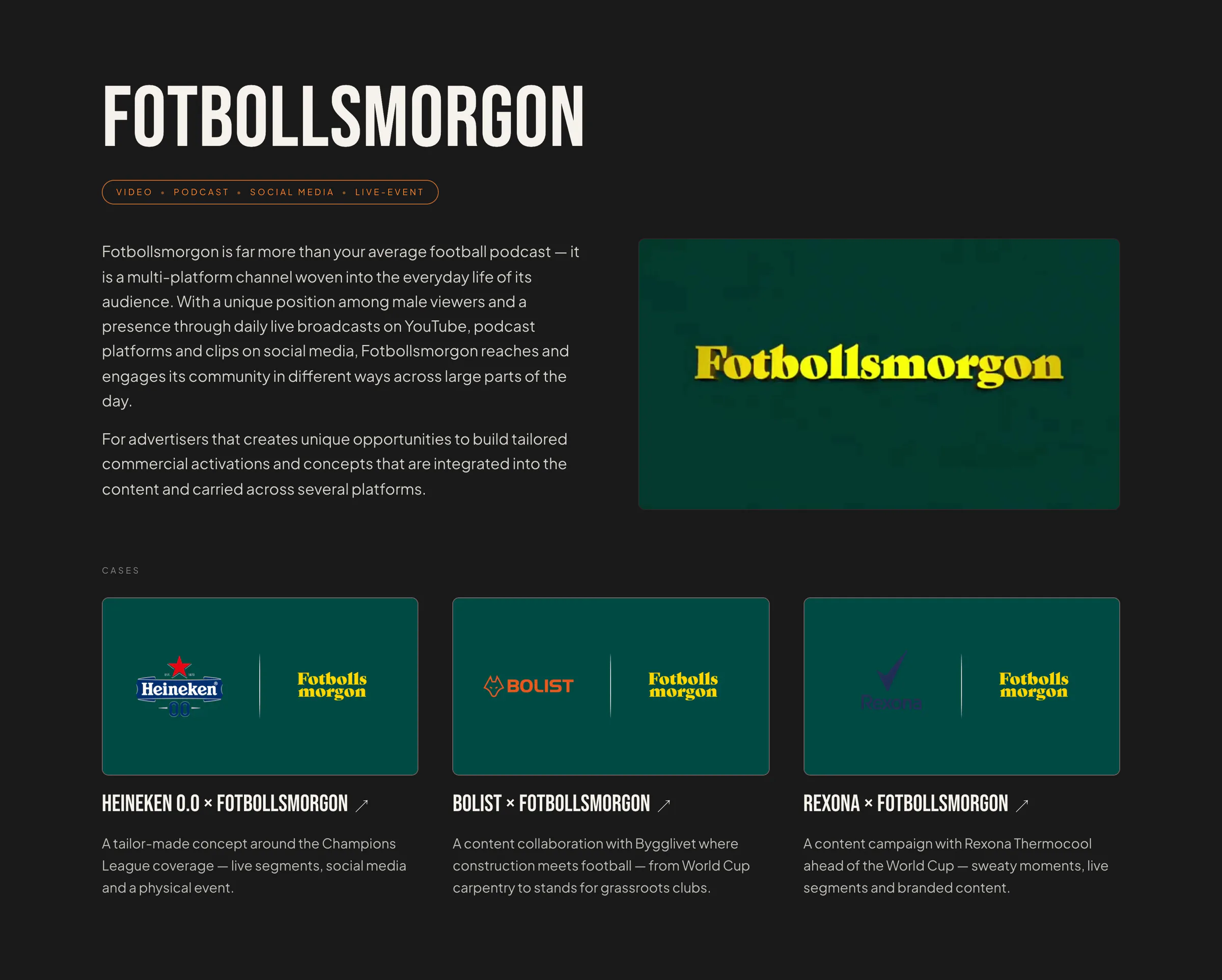 Fotbollsmorgon’s channel page: the name in large Bebas Neue, format tags, a description, a clip, and case cards for Heineken 0.0, Bolist and Rexona.
