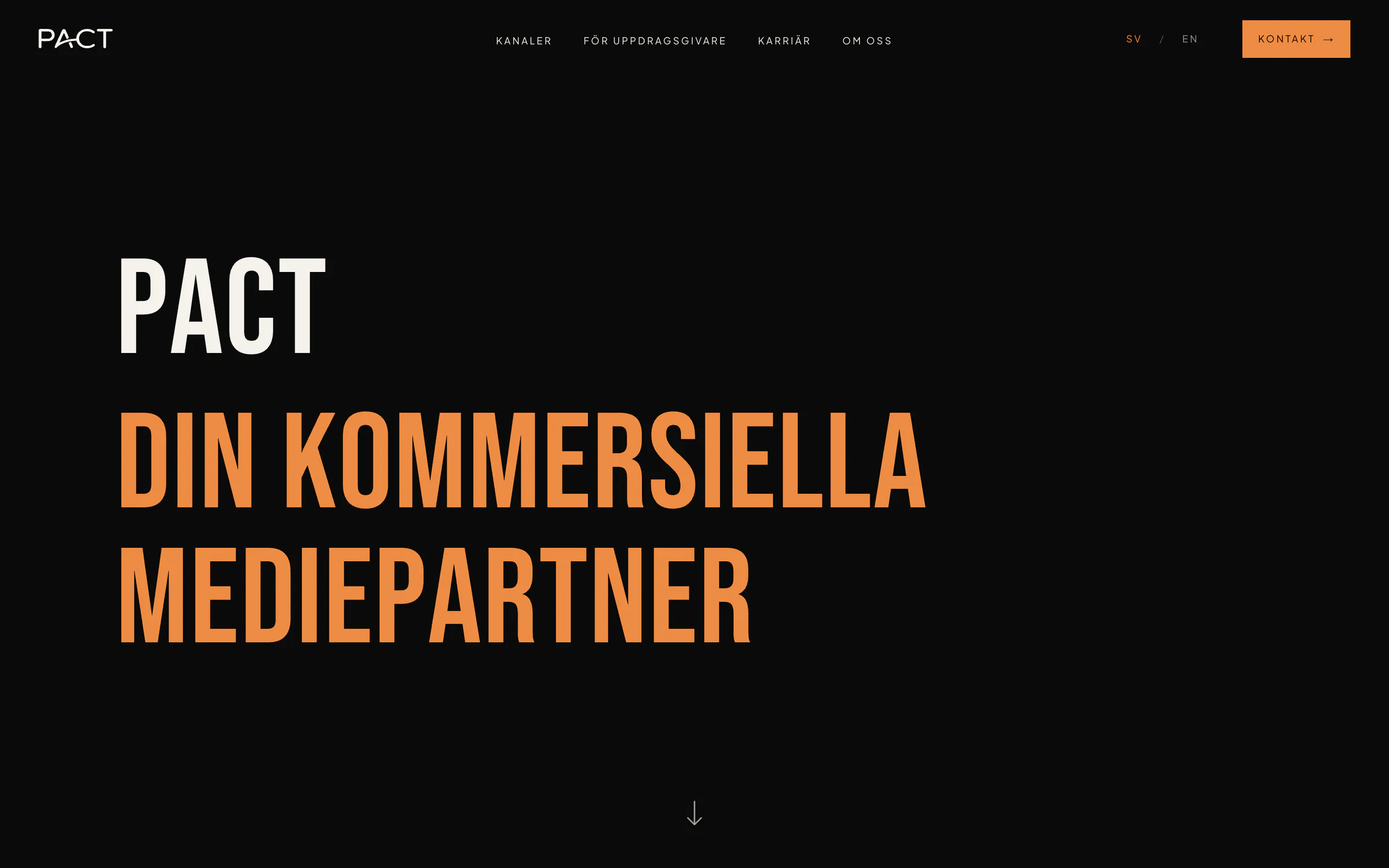 The homepage hero in Swedish: “PACT — DIN KOMMERSIELLA MEDIEPARTNER”.