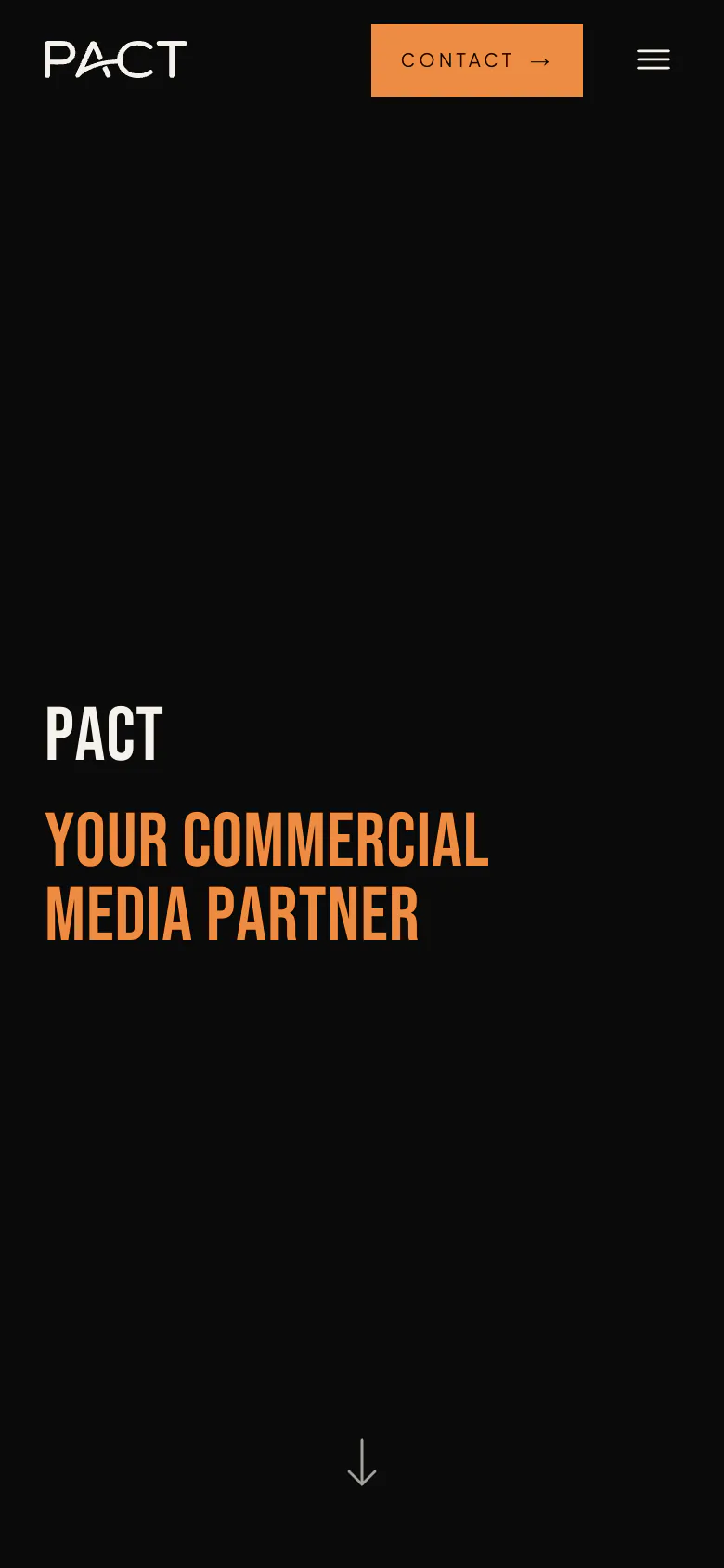 Mobile homepage hero: “PACT” and “YOUR COMMERCIAL MEDIA PARTNER” under the header.