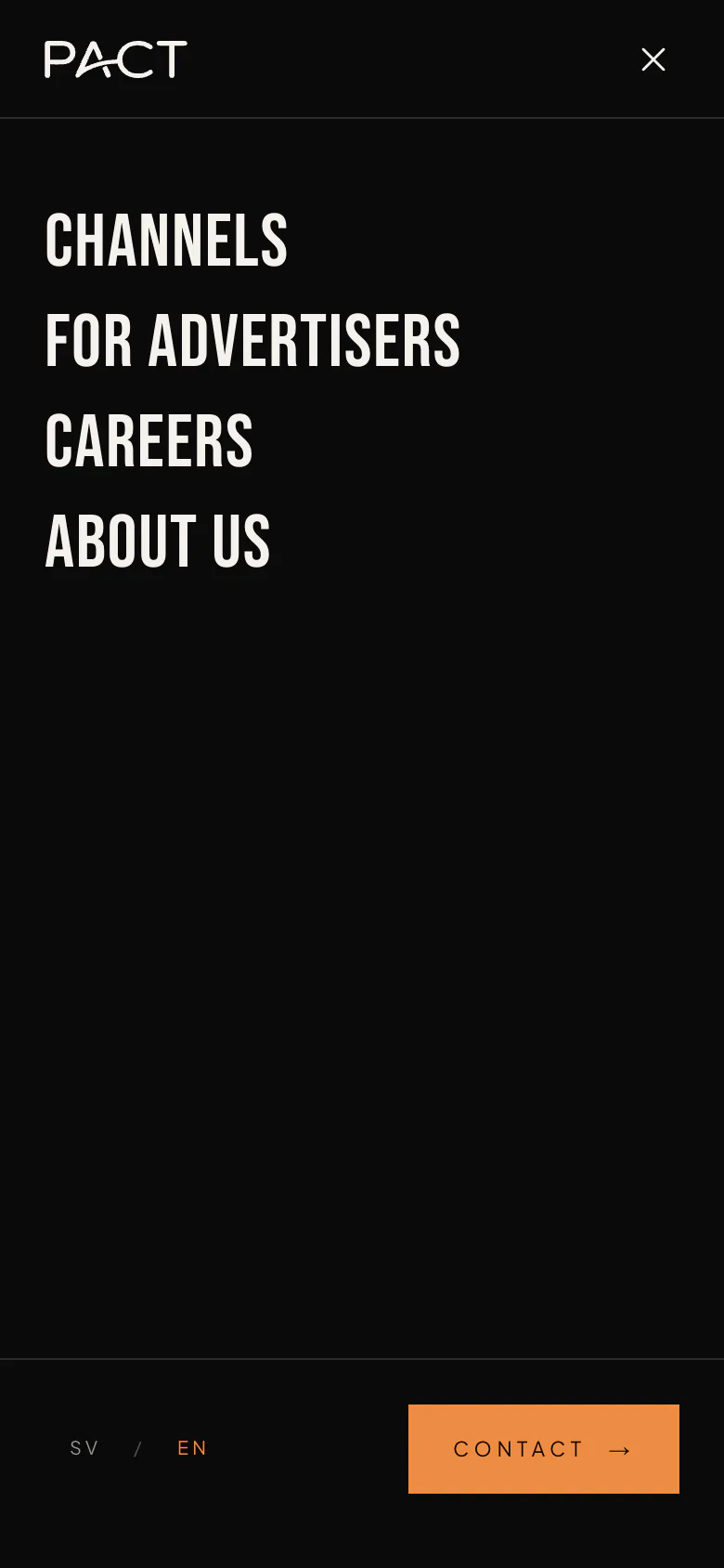 Mobile menu open: Channels, For advertisers, Careers, About us, an SV / EN switch and an amber Contact button.