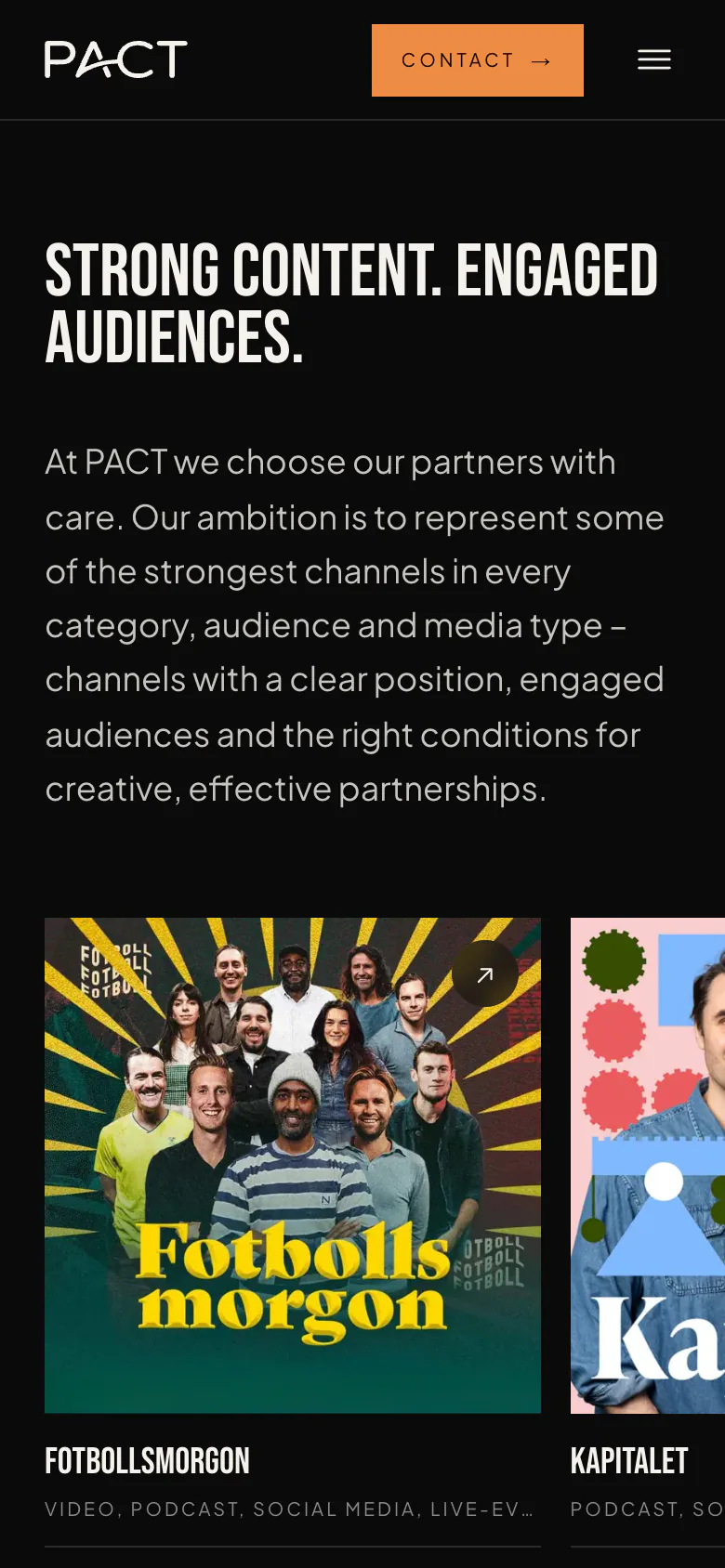 Mobile homepage scrolled to “Strong content. Engaged audiences.” with a swipeable row of channel tiles.