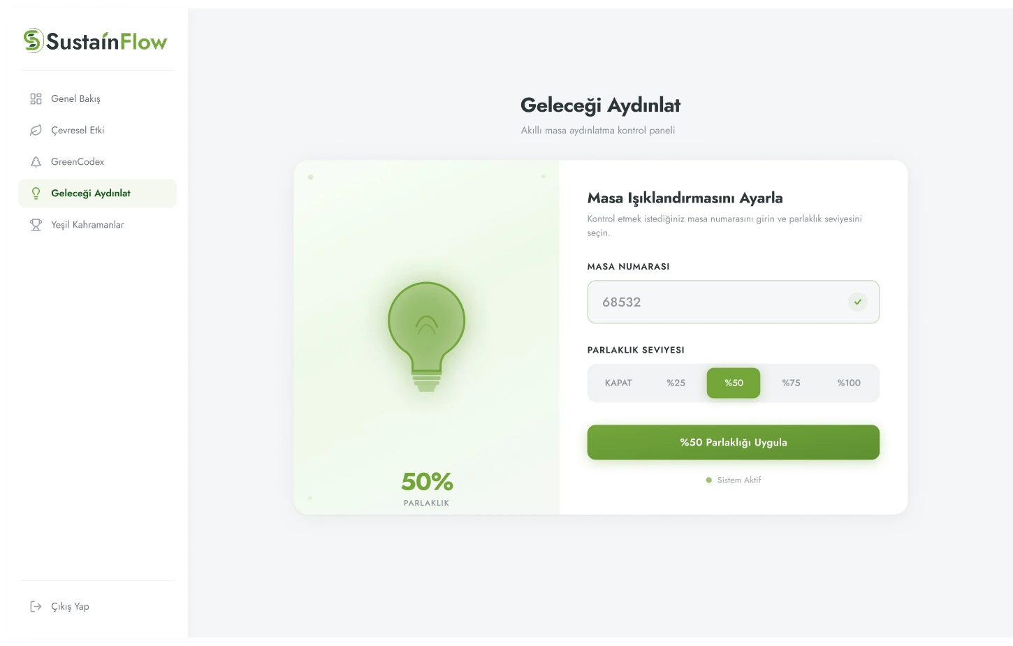 Smart desk-lighting control: desk number, brightness presets from off to 100%, and a bulb preview at 50%.