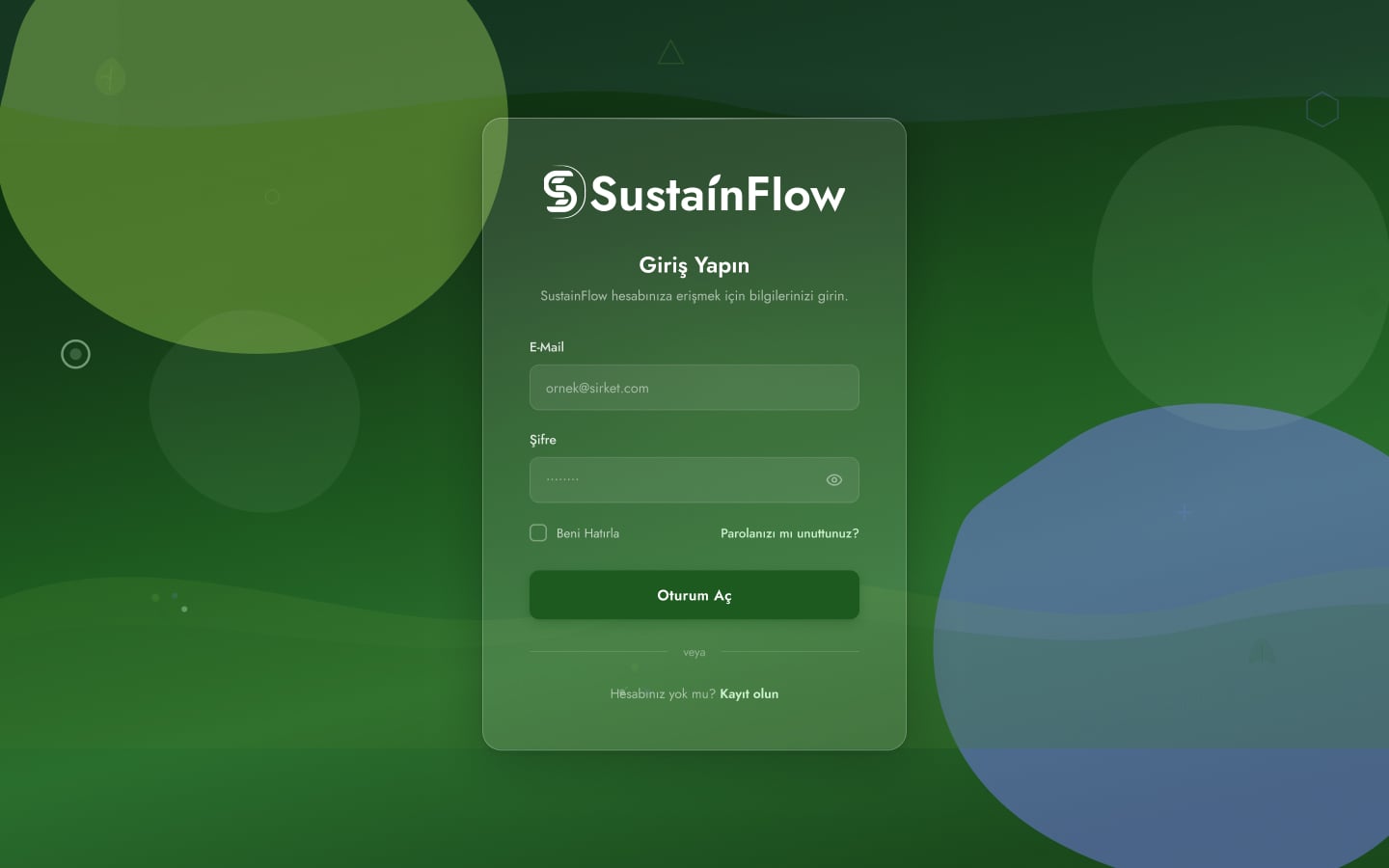 Frosted-glass sign-in card over layered green and blue organic shapes.