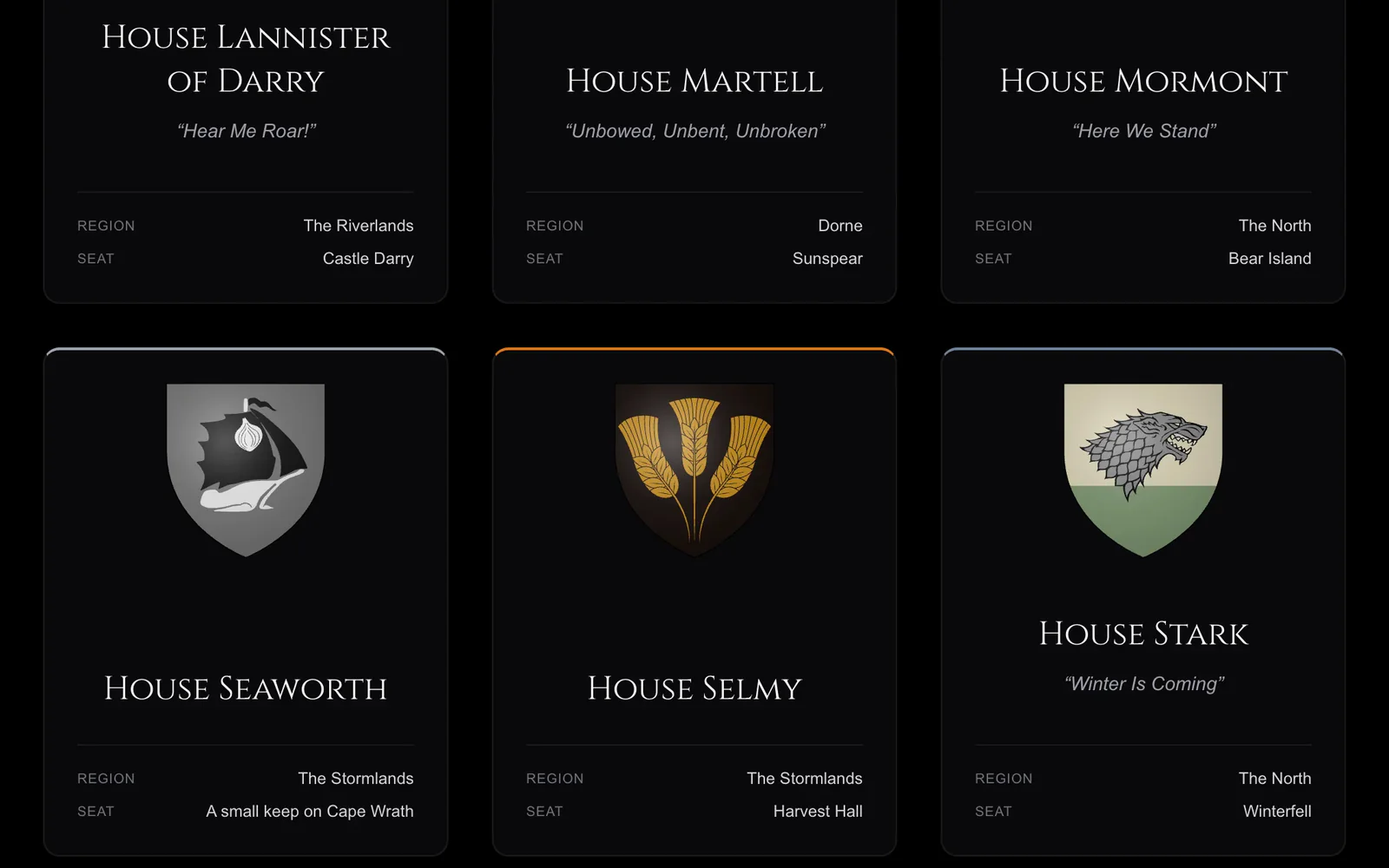 WikiWesteros houses index: sigil cards bordered in each house’s colour.