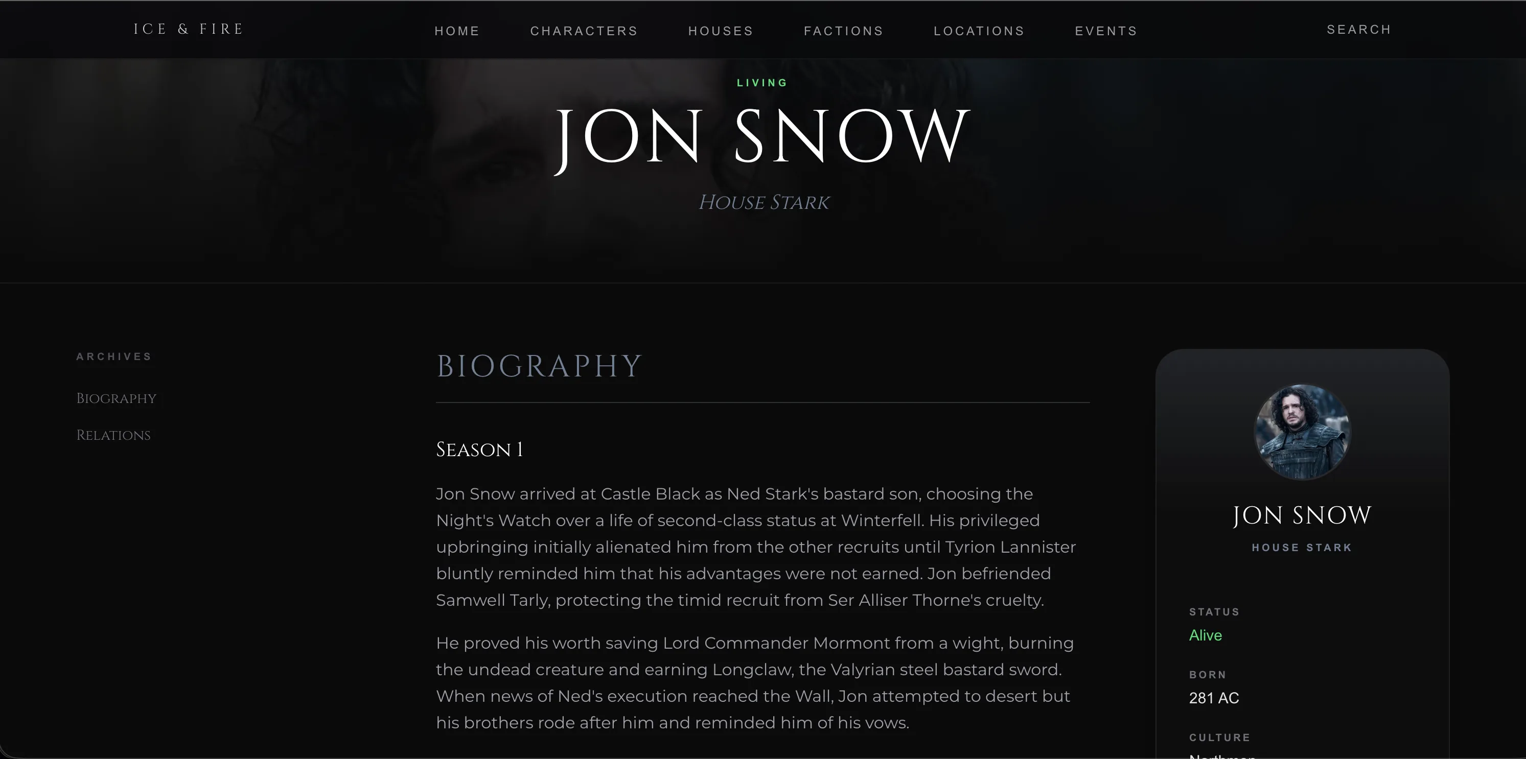Jon Snow profile: status and house header, a biography by season, an archive nav, and a card with status, birth year and culture.