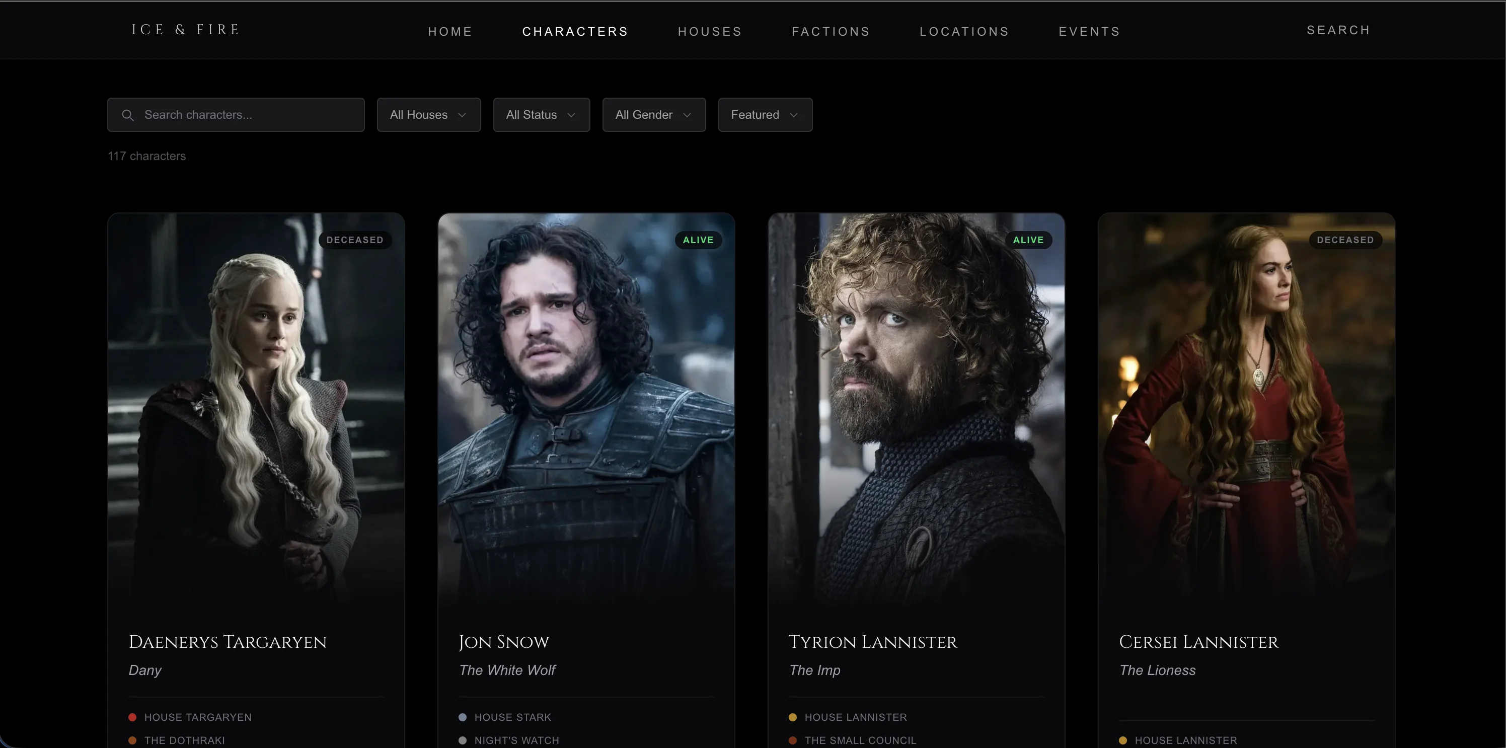 Characters index: search plus house, status and gender filters above portrait cards with alive/deceased badges.
