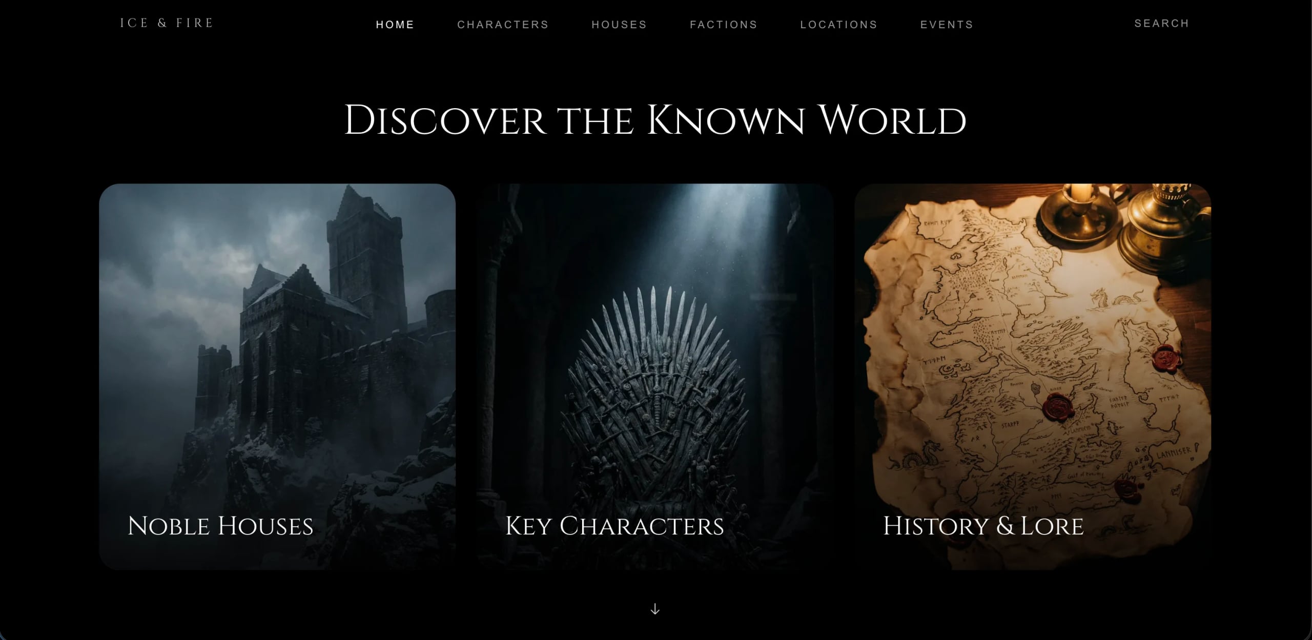 “Discover the Known World”: three image cards — Noble Houses, Key Characters, History & Lore.