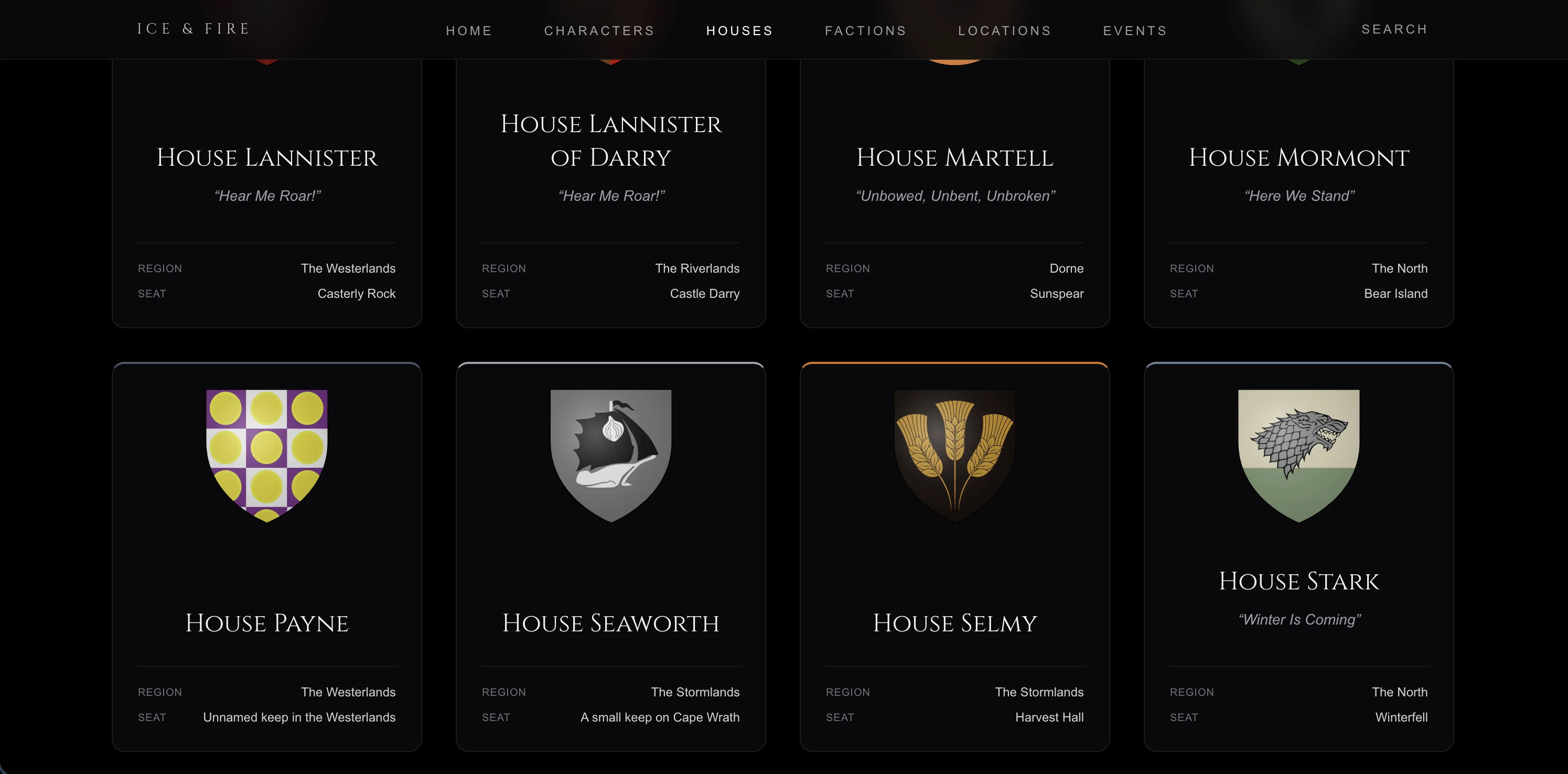 Houses index: sigil cards for Lannister, Martell, Mormont, Payne, Seaworth, Selmy and Stark with words, region and seat; card borders take each house’s colour.