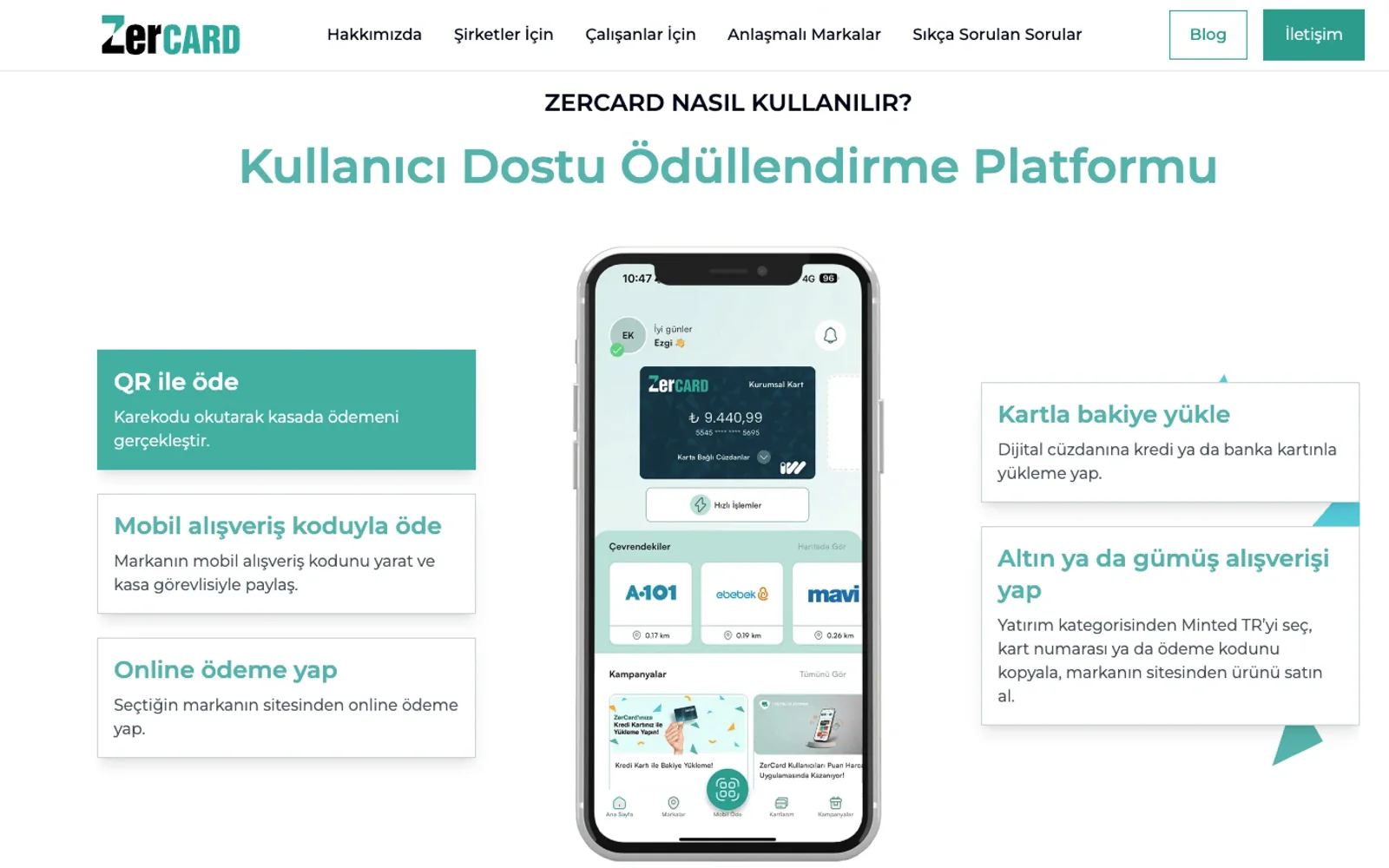 ZerCard “how it works”: a phone showing the wallet, flanked by payment options.