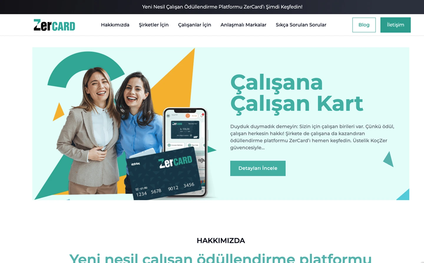 ZerCard website hero “Çalışana Çalışan Kart” beside two employees holding the card and app.
