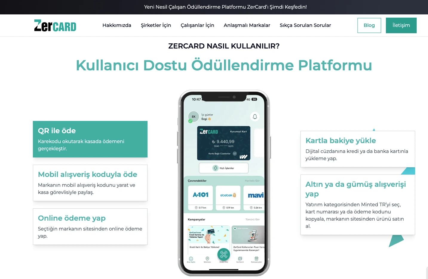 “How it works”: a phone showing the wallet balance, nearby merchants and campaigns, flanked by QR, mobile-code, online, top-up and gold/silver options.