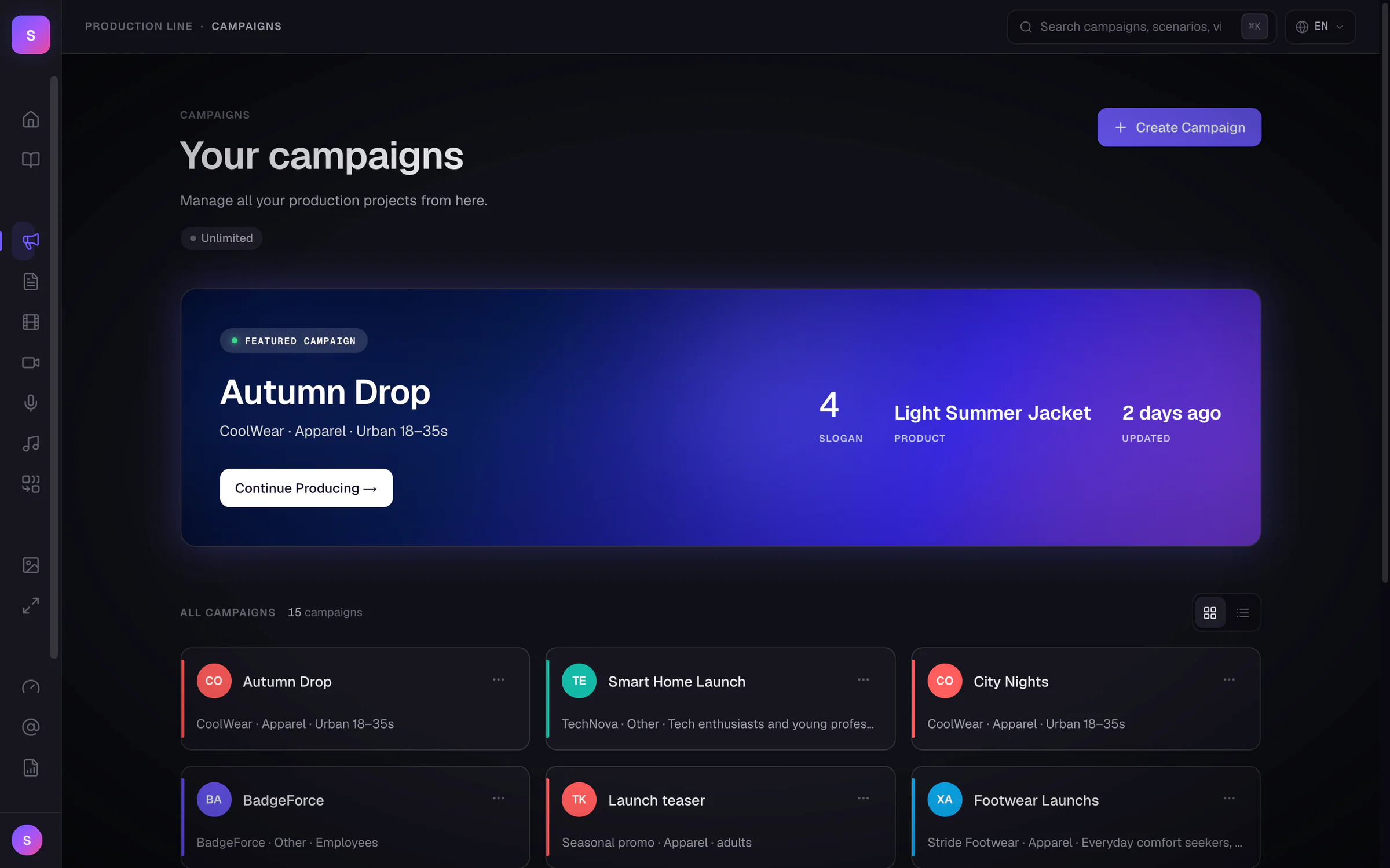 Campaigns: a featured campaign card in the violet gradient with its slogans, product and last update, above a grid of campaign cards.