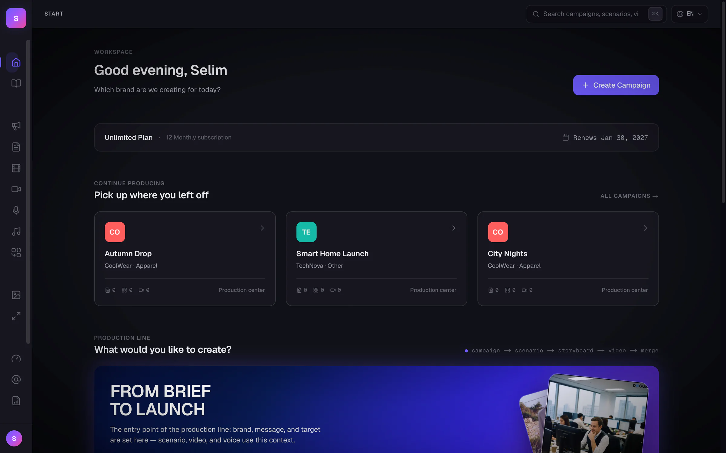 CreaLoomX home: a greeting with a Create Campaign button, the plan bar, three campaigns to pick up where you left off, and the “From brief to launch” production-line banner.