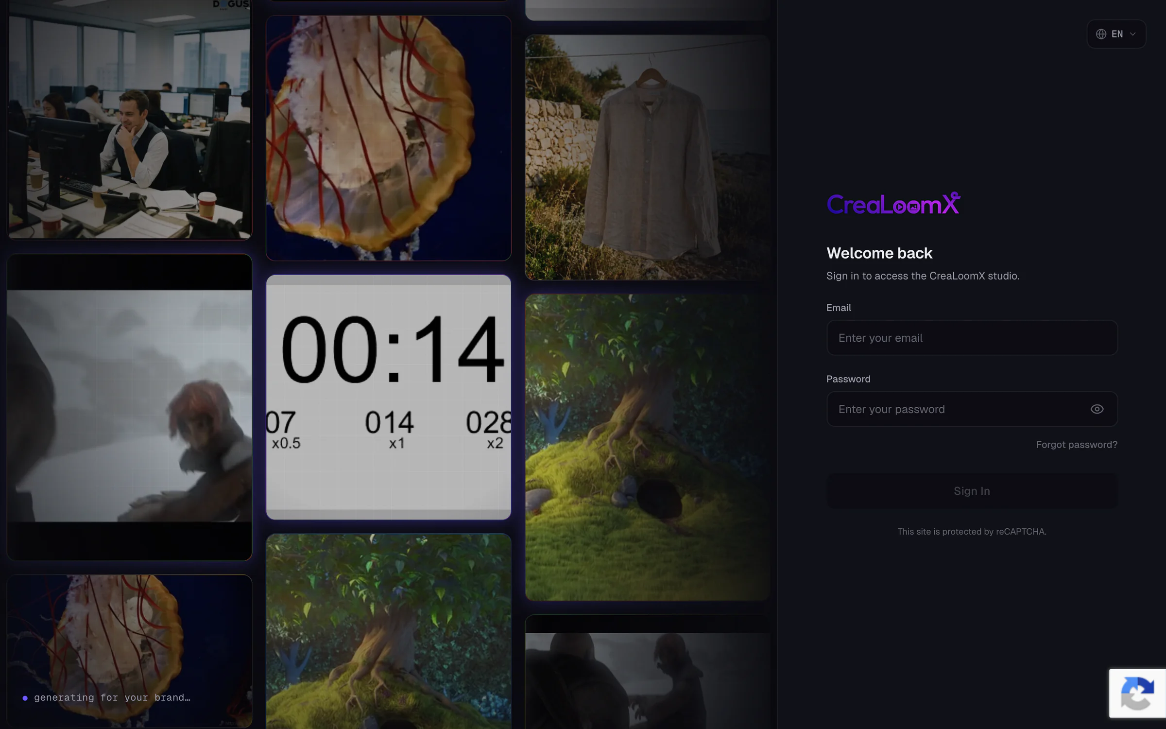 CreaLoomX sign-in: a mosaic of generated clips on the left and the “Welcome back” form on the right.