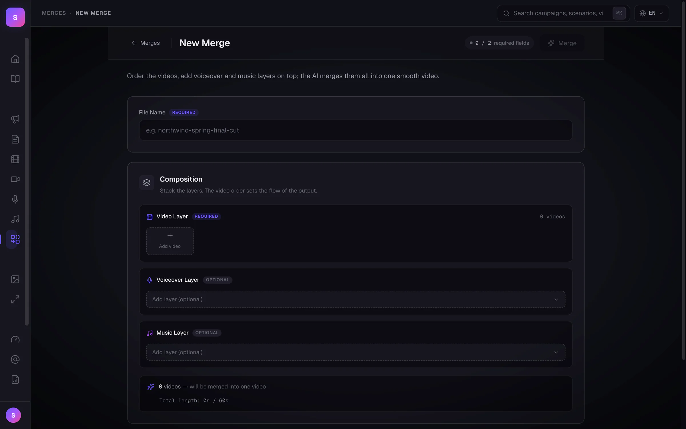 New merge: a composition of a required video layer and optional voiceover and music layers, with the total length below.
