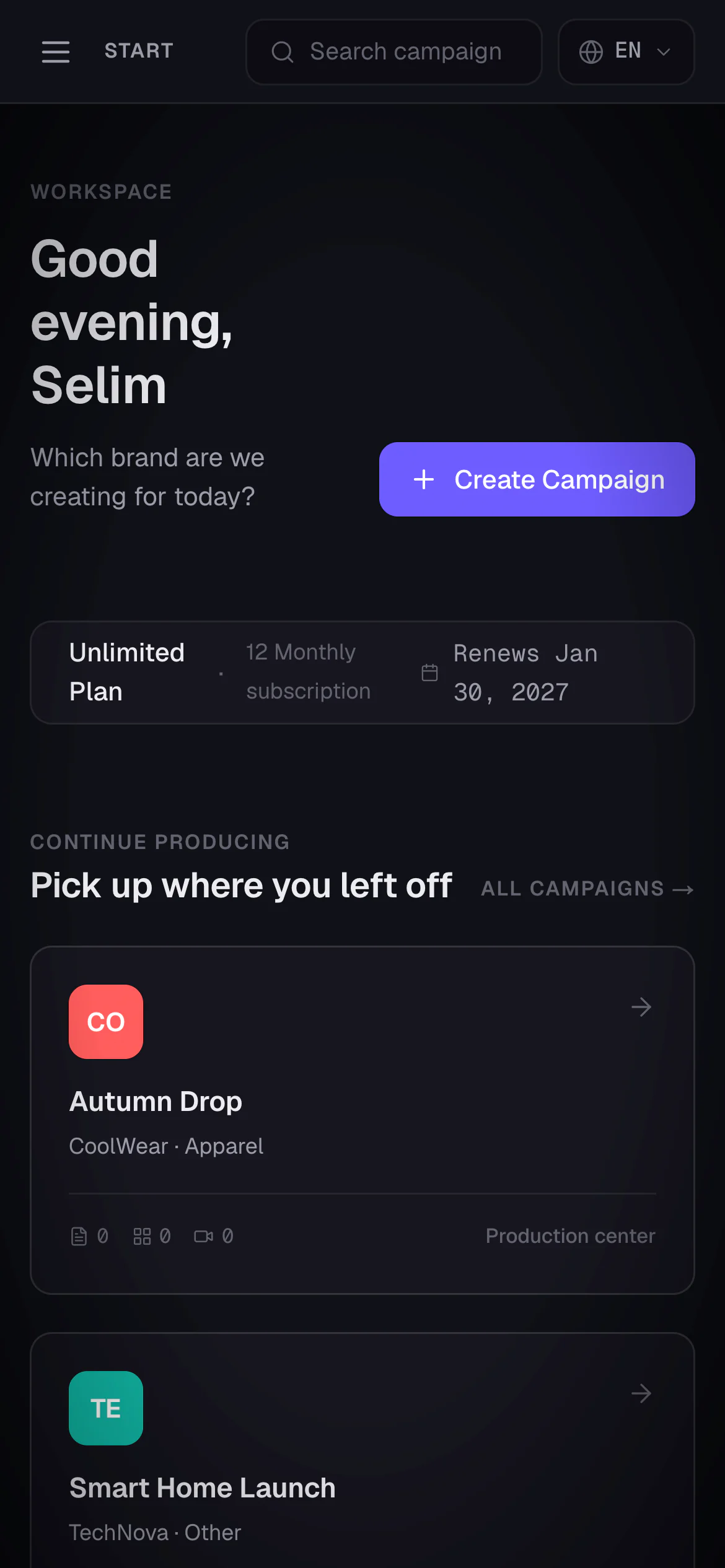 CreaLoomX home on a phone: the greeting, the Create Campaign button, the plan and the campaigns to continue.