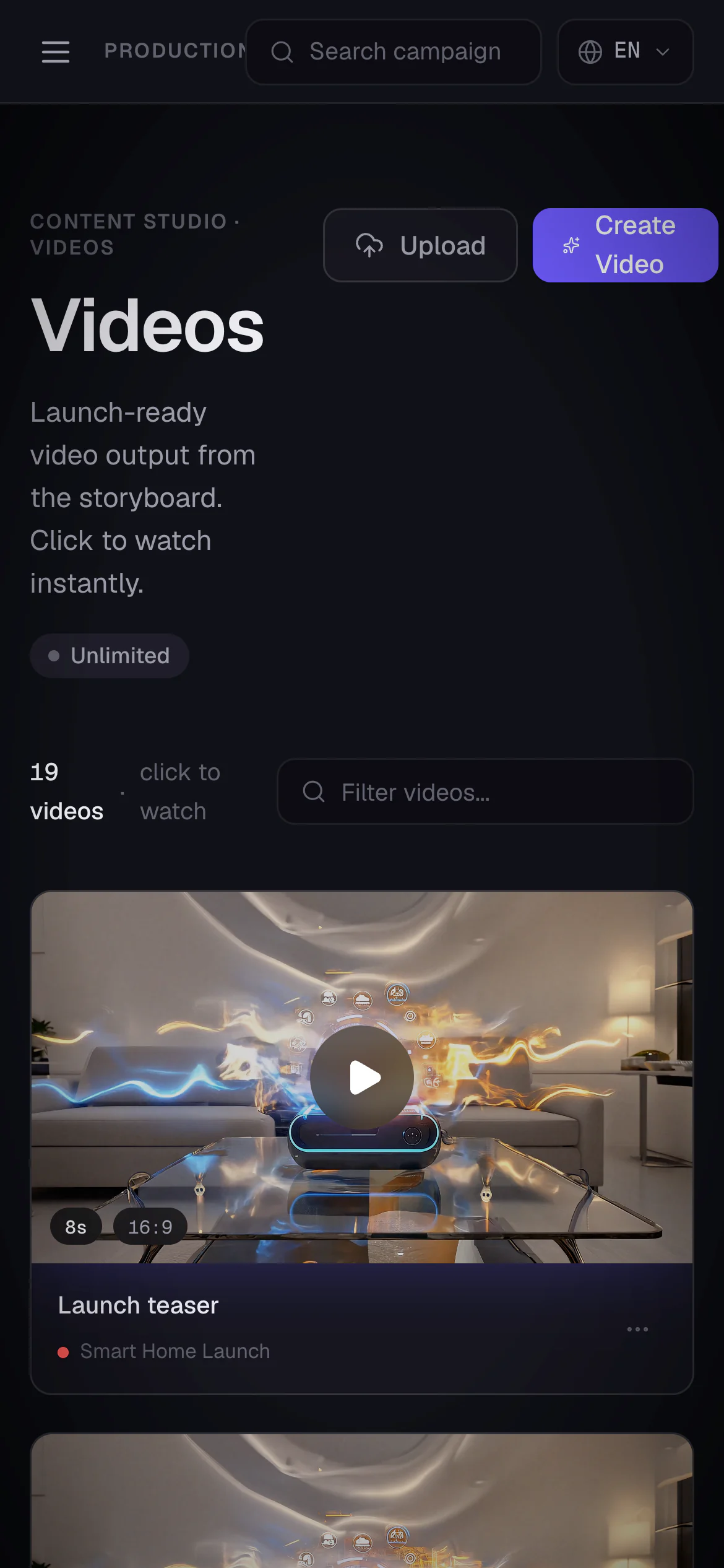 The video library on a phone: Upload and Create Video buttons above a generated video card.