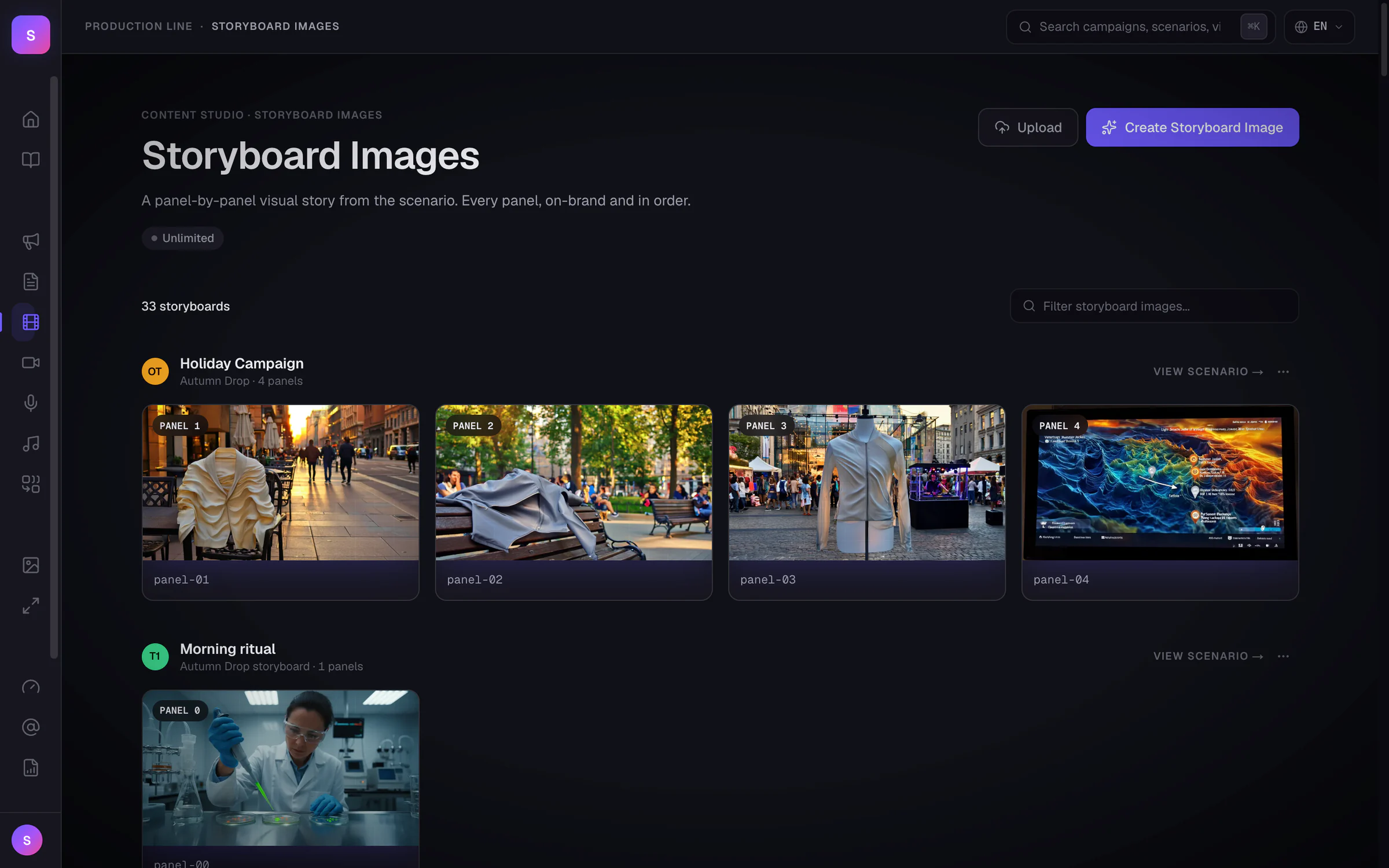 Storyboard library: panel-by-panel image strips grouped by scenario, each panel numbered in order.
