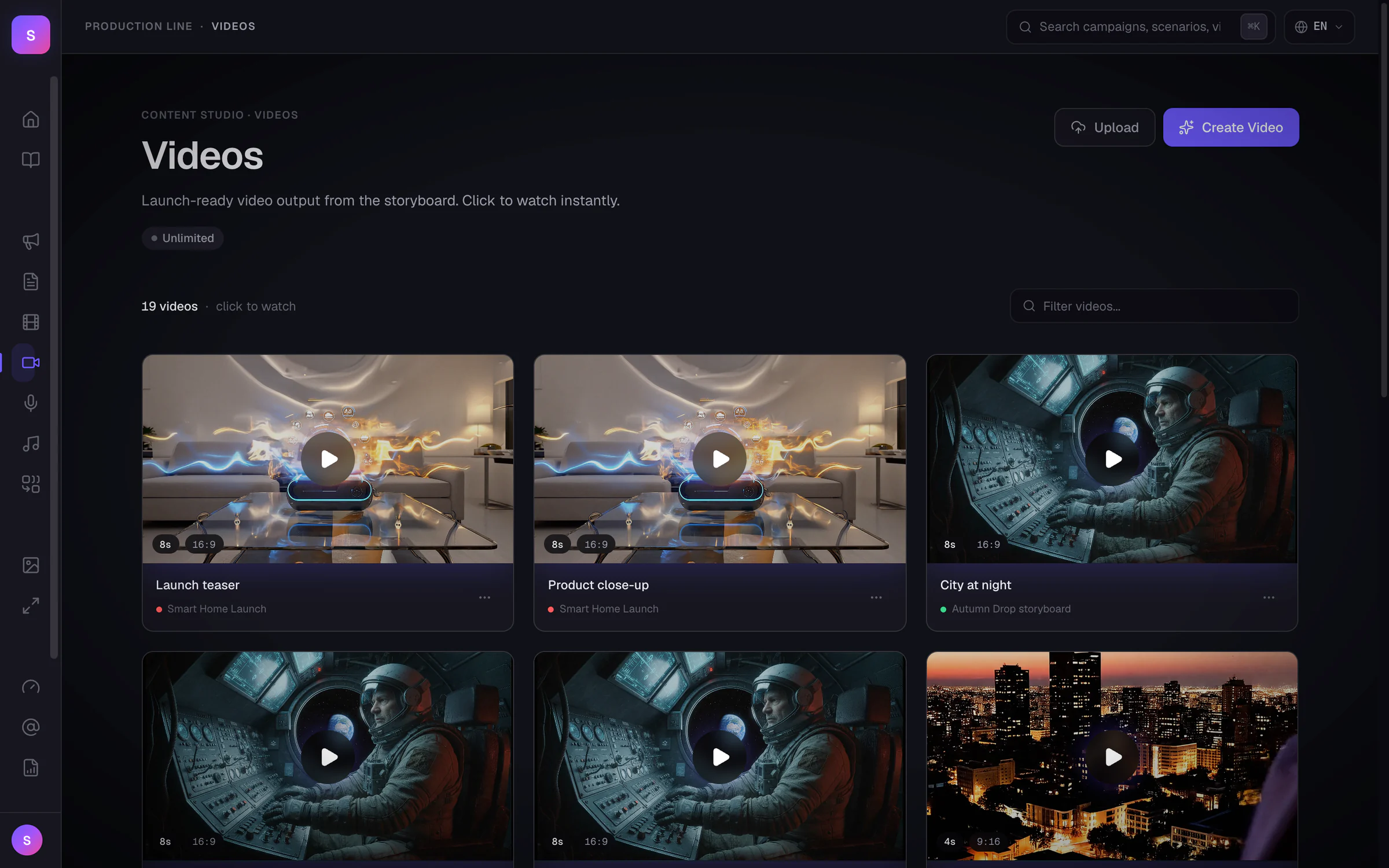 Video library: a grid of generated video thumbnails with duration and aspect ratio, each tagged with its campaign.