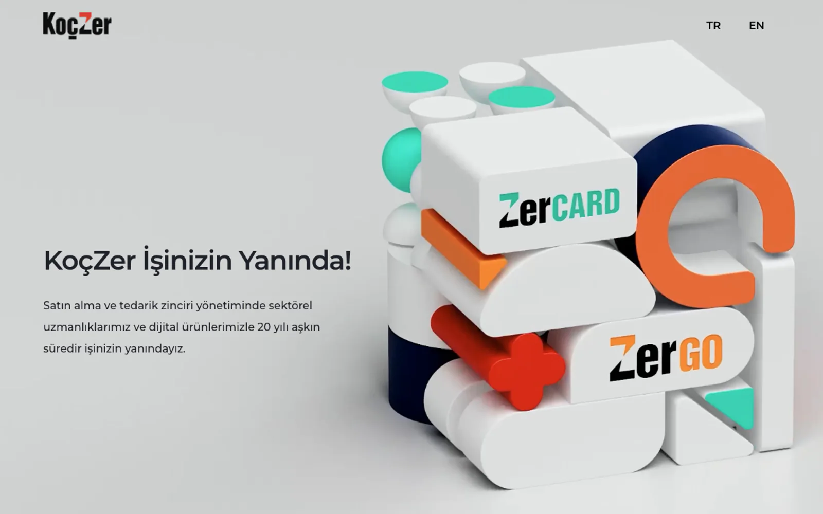 KoçZer homepage with a 3D sculpture of ZerCard and ZerGO blocks.