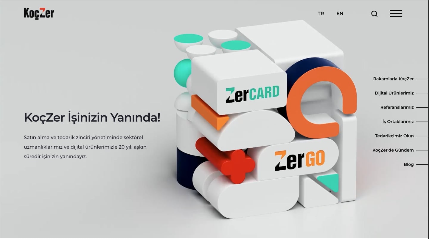 KoçZer homepage: “KoçZer İşinizin Yanında!” beside a 3D sculpture of ZerCard and ZerGO blocks.