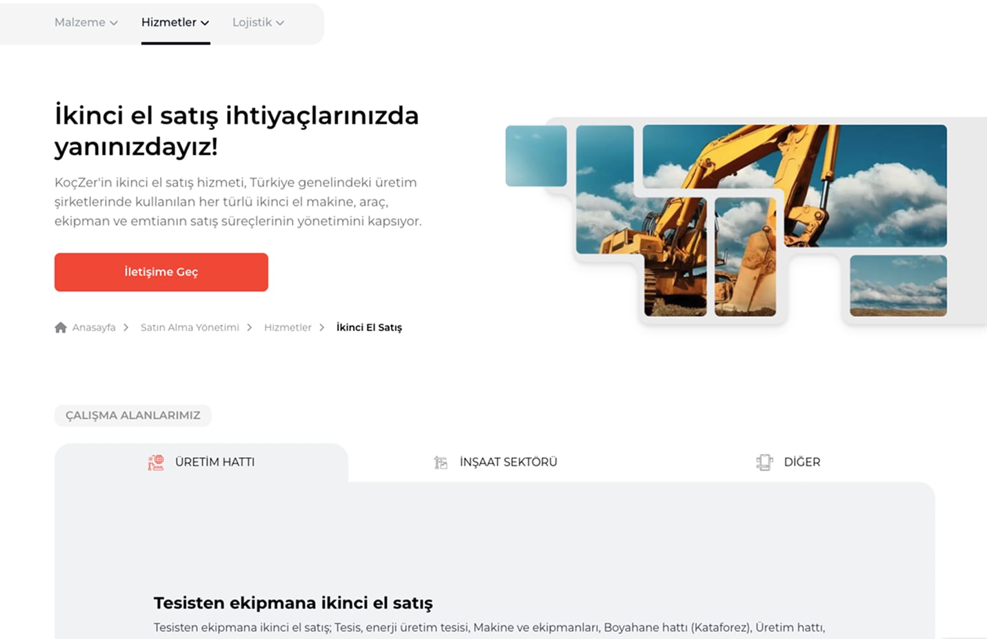 Second-hand sales page: excavator photo mosaic and sector tabs for production line, construction and other.